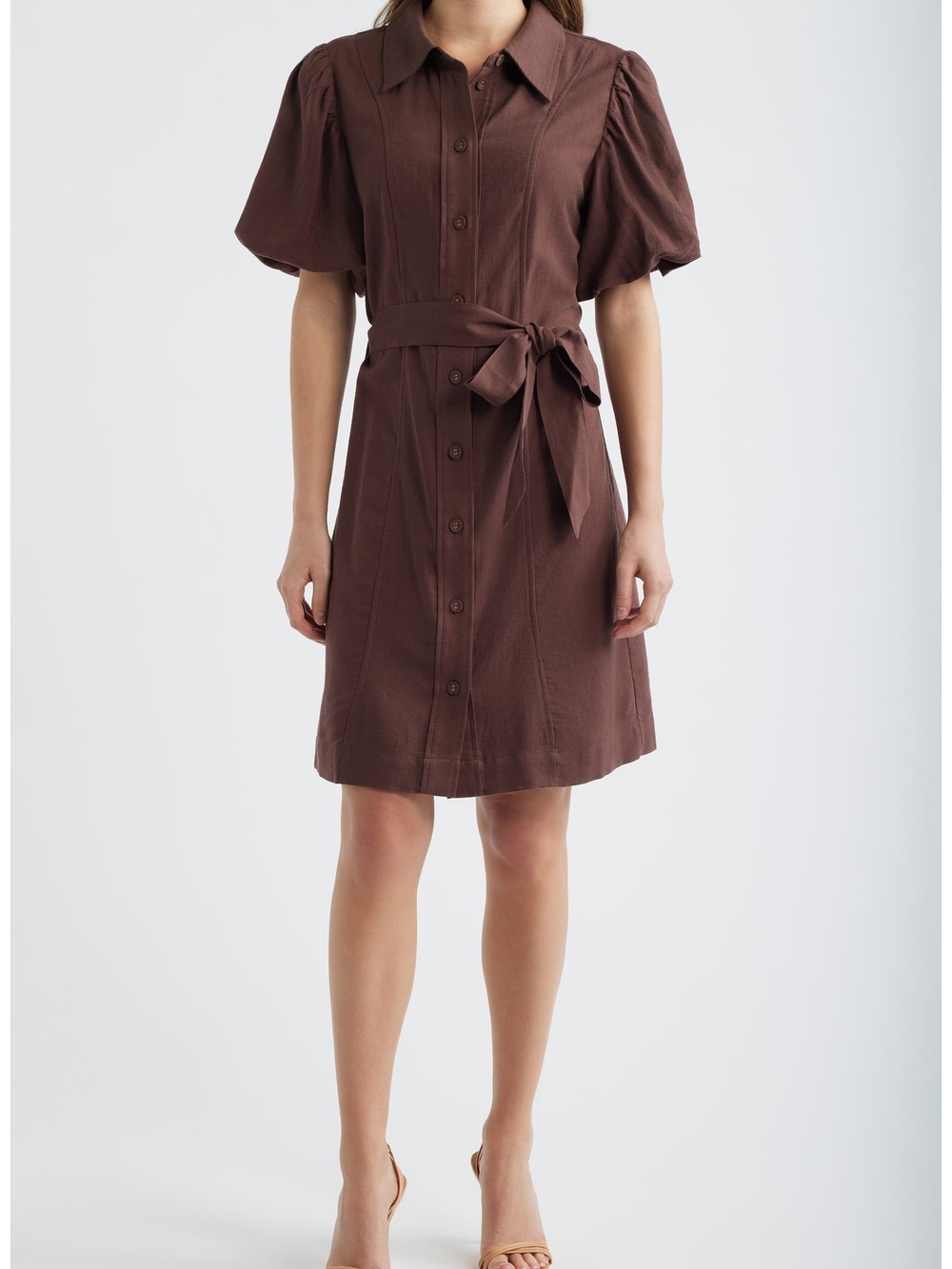 Tie-Waist Puff Sleeve Midi Dress in Chocolate Brown